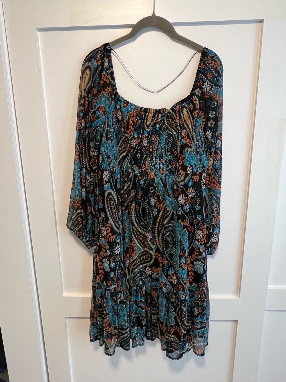 Taylor Teal and Black Paisley Long-Sleeve Boho Dress